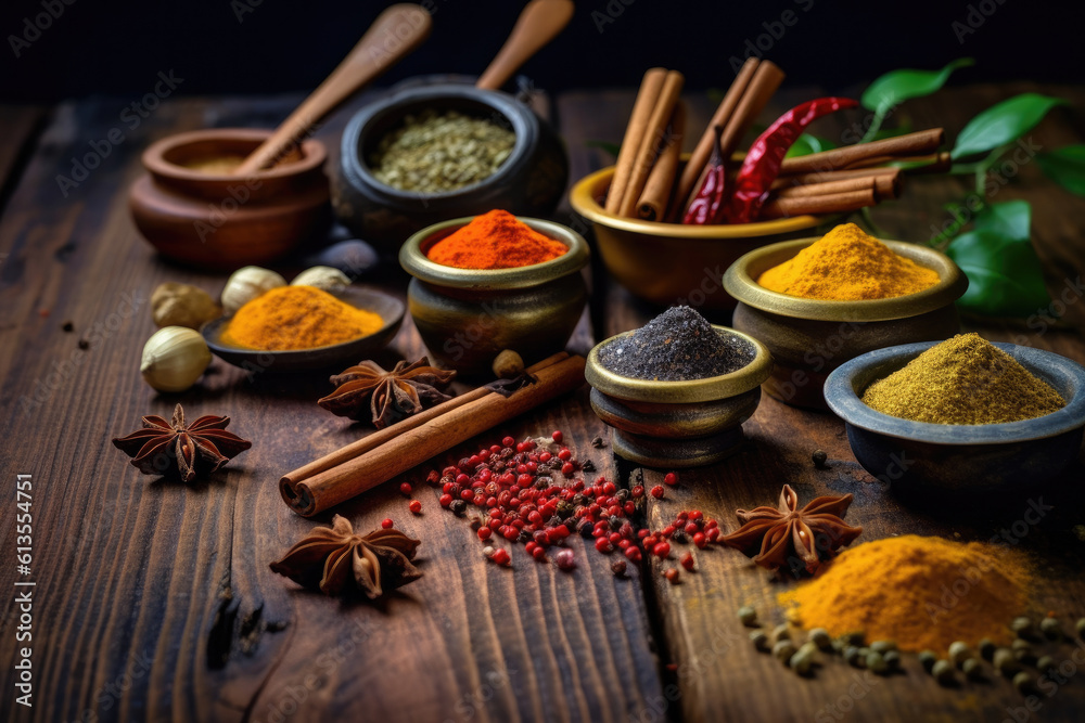 Various spices on old wooden table