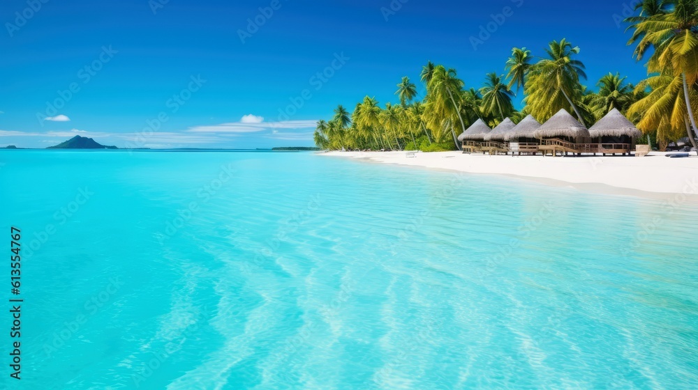 Fototapeta premium Illustration image, beach scene with crystal-clear turquoise waters, powdery white sand, palm leaves, sparkling waves and blue sunny sky, with copy space, Generative AI illustration
