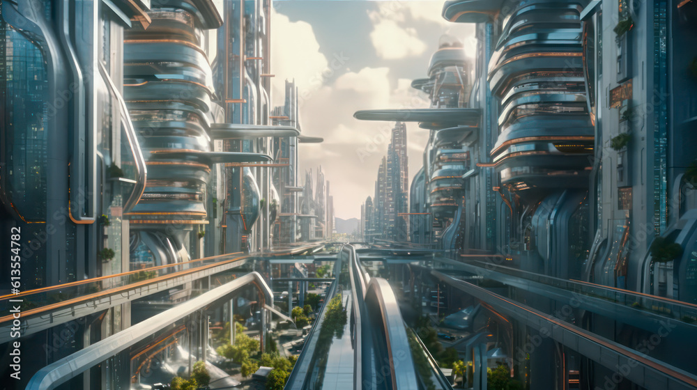A green and futuristic city in the year 2070, where modern plants create an eco-friendly environment on the urban structures and streets AI Generative