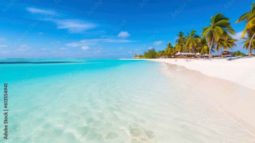 Illustration image, beach scene with crystal-clear turquoise waters, powdery white sand, palm leaves, sparkling waves and blue sunny sky, with copy space, Generative AI illustration