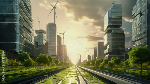 A futuristic and eco-friendly city in the year 2070, full of modern plants that grow on the urban buildings and roads. A green and inventive image that shows a vision of the future AI Generative
