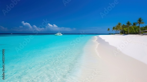 Illustration image, beach scene with crystal-clear turquoise waters, powdery white sand, palm leaves, sparkling waves and blue sunny sky, with copy space, Generative AI illustration © AITTHIPHONG