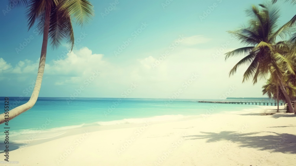 Illustration image, beach scene with crystal-clear turquoise waters, powdery white sand, palm leaves, sparkling waves and blue sunny sky, with copy space, Generative AI illustration Illustration image, beach scene with crystal-clear turquoise waters, powdery white sand, palm leaves, sparkling waves and blue sunny sky, with copy space, Generative AI illustration