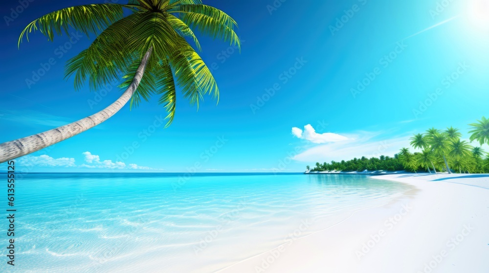 Naklejka premium Illustration image, beach scene with crystal-clear turquoise waters, powdery white sand, palm leaves, sparkling waves and blue sunny sky, with copy space, Generative AI illustration