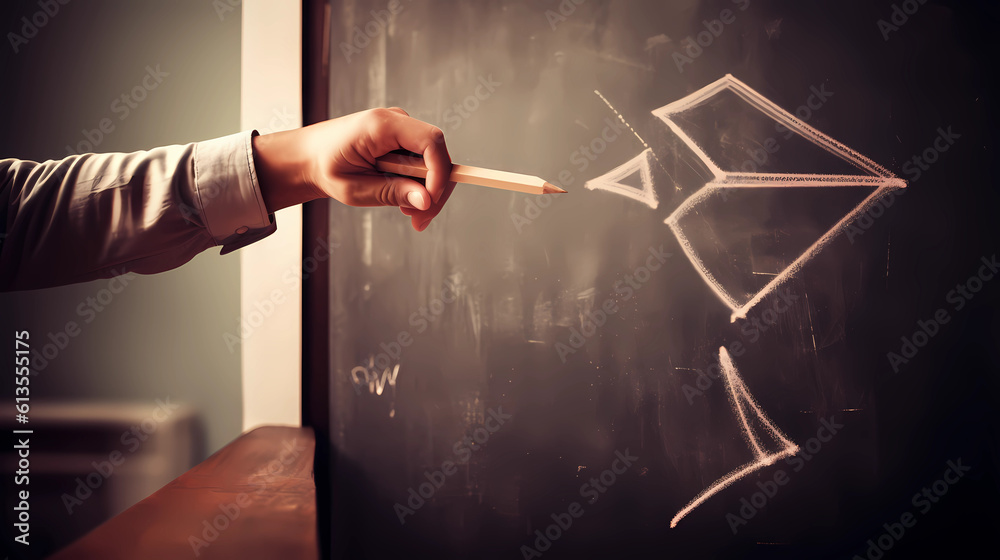 A classroom setting with a teacher at the front, using chalk to draw a