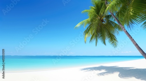 Illustration image  beach scene with crystal-clear turquoise waters  powdery white sand  palm leaves  sparkling waves and blue sunny sky  with copy space  Generative AI illustration