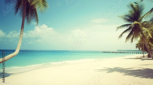 Illustration image  beach scene with crystal-clear turquoise waters  powdery white sand  palm leaves  sparkling waves and blue sunny sky  with copy space  Generative AI illustration