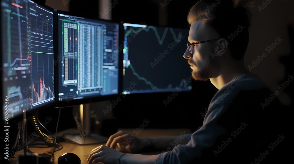 A dynamic stock market graph displayed on multiple screens, illuminated by vibrant neon lights in a dimly lit room, with traders analyzing the data intensely, capturing the fast-paced and competitive 