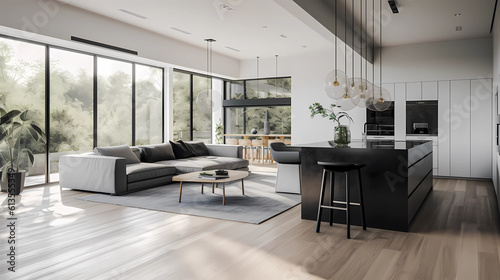 A modern minimalist home interior design with clean lines, sleek furniture, and neutral color palette, featuring an open-concept living space connected to a spacious kitchen, bathed in natural light f © Alin