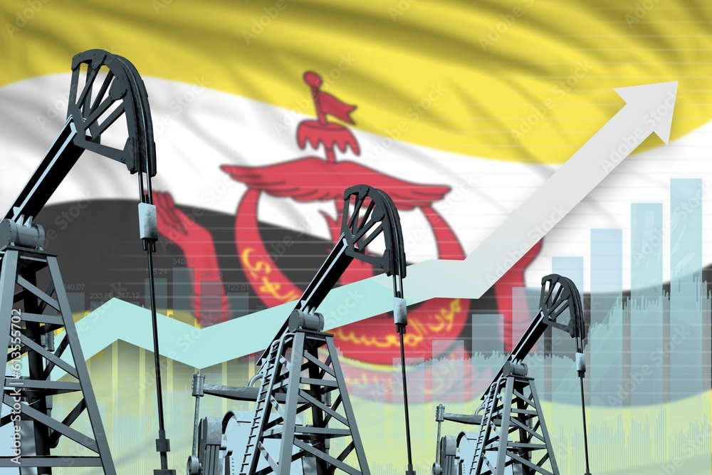 rising up chart on Brunei Darussalam flag background - industrial illustration of Brunei Darussalam oil industry or market concept. 3D Illustration