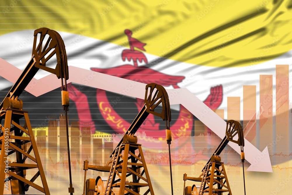 lowering down chart on Brunei Darussalam flag background industrial