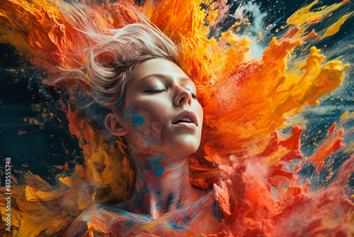 Young blonde woman standing in front of explosion of colourful paint and powder. Generative AI.