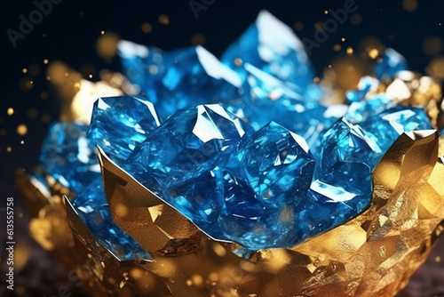 Ultra realistic gold luxurious foil textured flakes in blue flowing liquid  octane. AI Generative