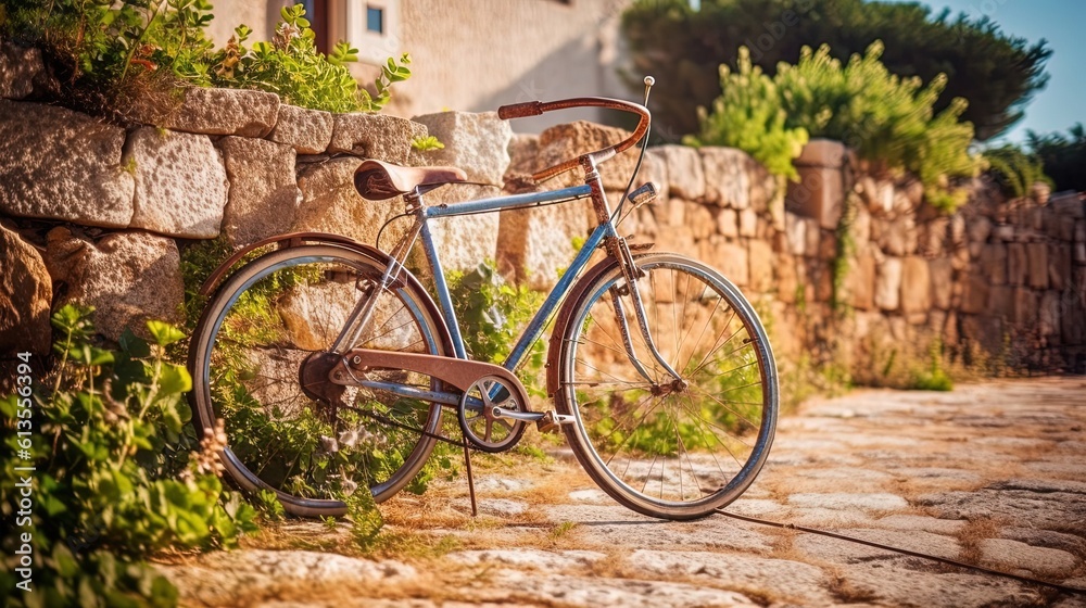 Old bicycle leaning isolated on a wall in an old town in Europe. Generative AI