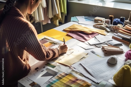 The process of a fashion designer sketching new designs in a bright and airy studio. Generative AI