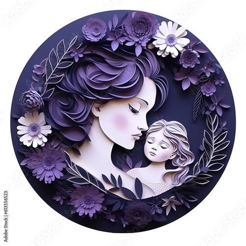 Circular paper sculpture with flowers of a lovingly embracing mother and daughter. . Generative AI.