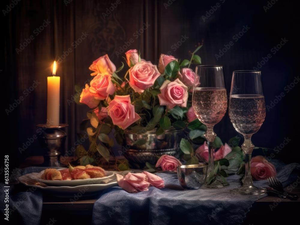 Pink floral table setting for a romantic dinner table with table cloth, candles and silverware. Generative AI
