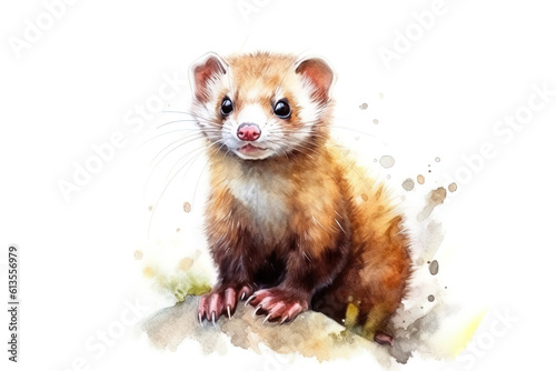 Watercolor Ferret Wild Animal Rodent Hand Drawn Pet Illustration isolated on white background. generative AI
