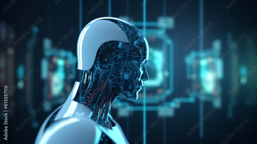Fototapeta premium Man using tools AI. technology smart robot science and artificial intelligence technology, and innovation futuristic and global connection for providing access to information, generative ai, ai