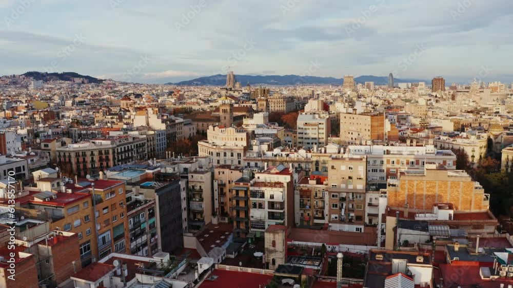 Panoramic bird's-eye view of Barcelona. Drone movement from residential areas to the Sagrada Familia Cathedral Panoramic bird's-eye view of Barcelona. Drone movement from residential areas to the Sagrada Familia Cathedral
