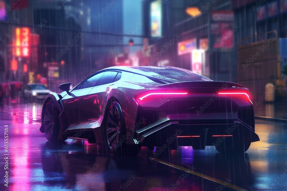 Cyberpunk night city in the rain with futuristic car and soft fog, ray tracing reflections Generative AI