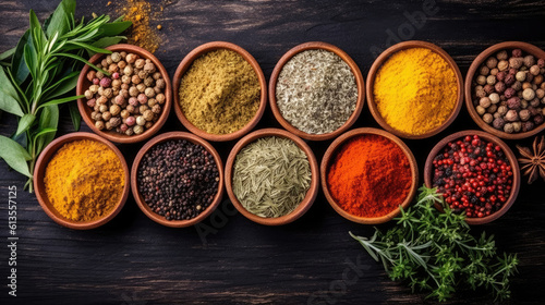 Red spices and herbs on black table with space for recipe. Colorful seasoning in cups, food background, top view. © Sasint