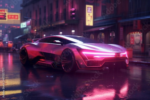 Cyberpunk night city in the rain with futuristic car and soft fog  ray tracing reflections Generative AI