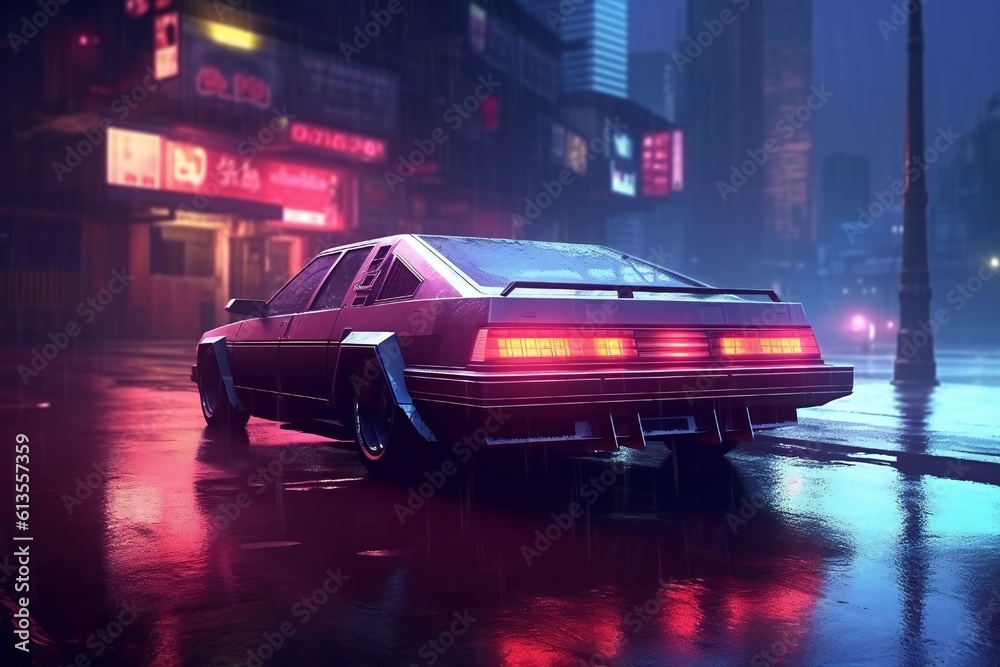 Naklejka premium Cyberpunk night city in the rain with futuristic car and soft fog, ray tracing reflections Generative AI
