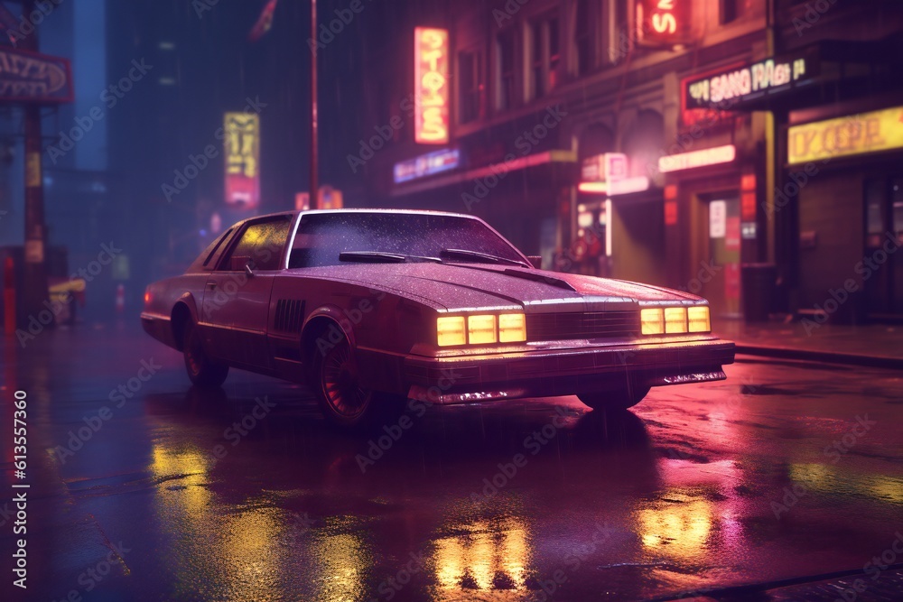 Cyberpunk night city in the rain with futuristic car and soft fog, ray tracing reflections Generative AI Cyberpunk night city in the rain with futuristic car and soft fog, ray tracing reflections Generative AI