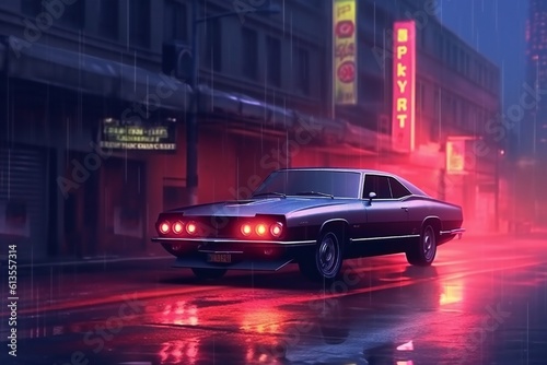 Cyberpunk night city in the rain with futuristic car and soft fog, ray tracing reflections Generative AI