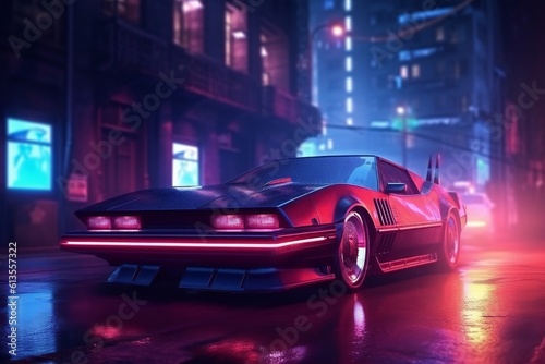 Cyberpunk night city in the rain with futuristic car and soft fog, ray tracing reflections Generative AI © LayerAce.com