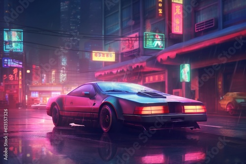 Cyberpunk night city in the rain with futuristic car and soft fog, ray tracing reflections Generative AI