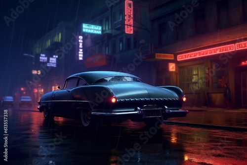 Cyberpunk night city in the rain with futuristic car and soft fog, ray tracing reflections Generative AI