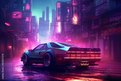 Cyberpunk night city in the rain with futuristic car and soft fog, ray tracing reflections Generative AI © LayerAce.com