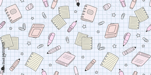 Light pink and beige school supplies and office stationary with black edging on a blue notebook sheet in a cell. Back to school endless texture, education concept. Vector seamless pattern for cover