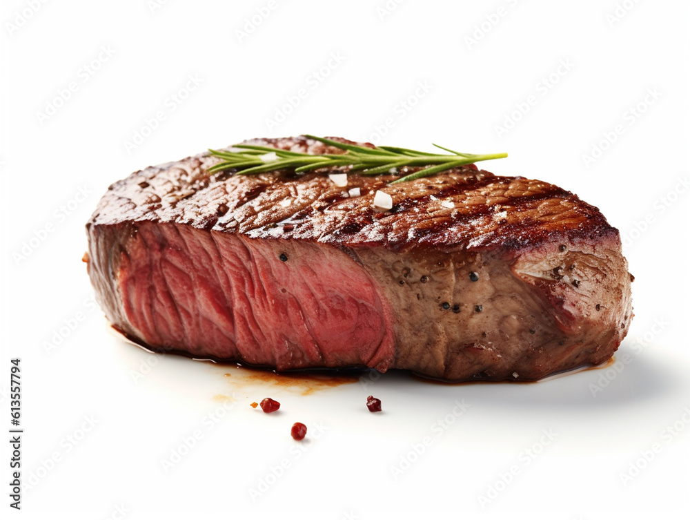 Cooked beef steak meat isolated on white background. Rosemary leaves are used as decoration.
