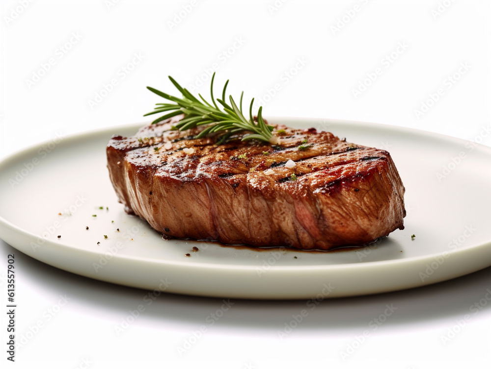 Cooked beef steak meat isolated on white background. Rosemary leaves are used as decoration.
Cooked beef steak meat isolated on white background. Rosemary leaves are used as decoration.