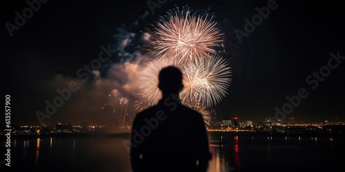 Rear view of a person watching a spectacular fireworks display, celebrating the warm summer nights and festive occasions, concept of Joyful celebration, created with Generative AI technology