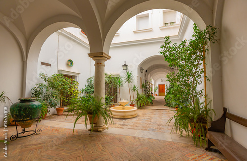 Serenity in the Shade: A picture-perfect scene: a traditional Andalusian courtyard. A picture-perfect scene: a traditional Andalusian courtyard providing cool respite from the scorching heat.