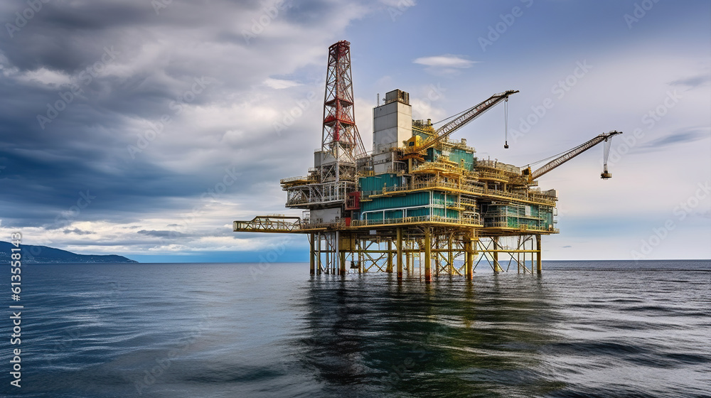 Offshore Platform Stands Tall Amidst the Vast Sea and Brooding Cloudy Sky. Generative AI Offshore Platform Stands Tall Amidst the Vast Sea and Brooding Cloudy Sky. Generative AI