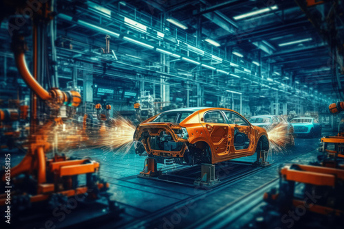Car Factory Automotive production line   Automated Robot Arm Assembly Line   Electric Vehicles   Created with generative AI