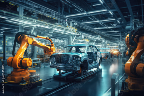 Car Factory Automotive production line , Automated Robot Arm Assembly Line , Electric Vehicles , Created with generative AI