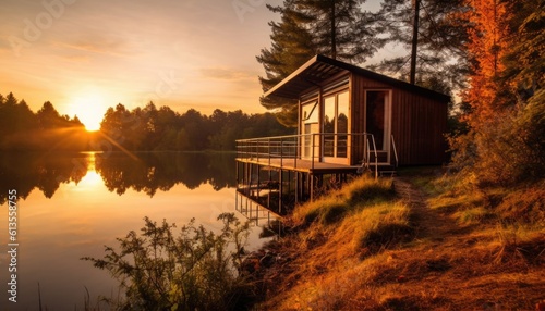 luxurious little cabine in nature in forest next to a lake. Sunset, back to nature. Tiny house concept.