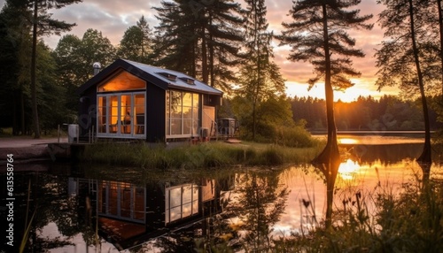 luxurious little cabine in nature in forest next to a lake. Sunset, back to nature. Tiny house concept. © Hugo