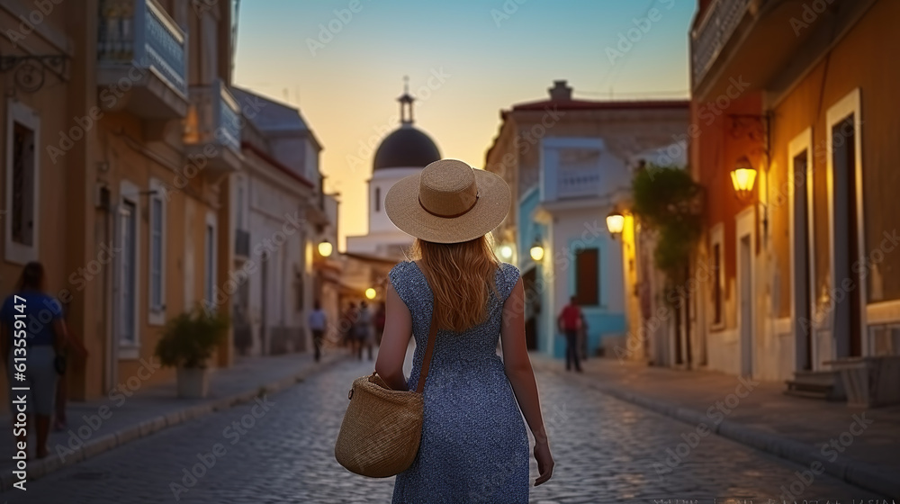 The Adventurous Journey of a Tourist Woman with Hat, Along a Vibrant District Road. Generative AI The Adventurous Journey of a Tourist Woman with Hat, Along a Vibrant District Road. Generative AI