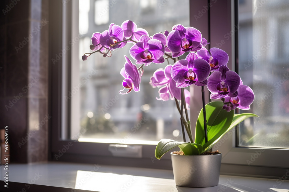 Purple orchid on a windowsill. Home plant care. High quality photo - obrazy, fototapety, plakaty 