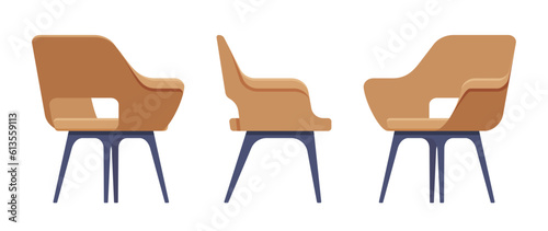 Side furniture reception chair, brown dining lounge seat set. Cafe indoor or outdoor use, kitchen, guest room modern decor. Vector flat style cartoon home, office piece isolated on white background