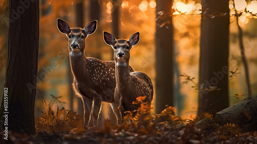 Serenity at Sunset - Majestic Deer and Doe in the Woodlands, Generative AI