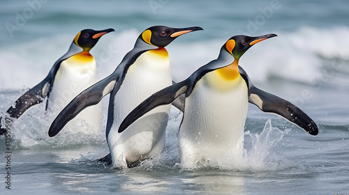 King penguins going from blue water  Atlantic ocean. Generative AI