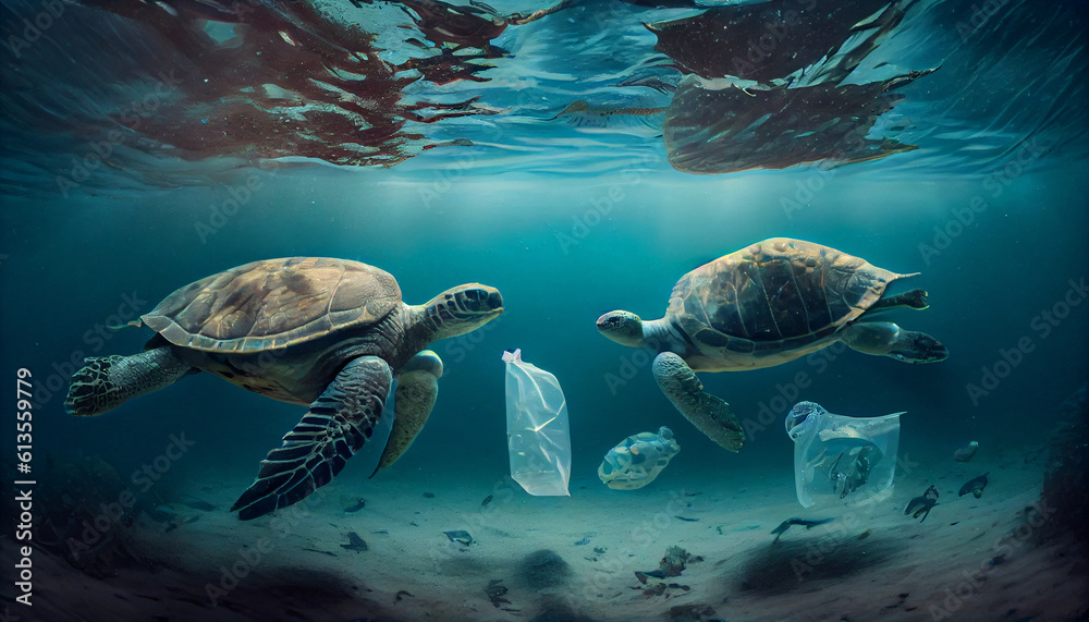 Obraz premium Two turtles and plastic bags underwater, zero waste and World ocean pollution concept, generated by AI